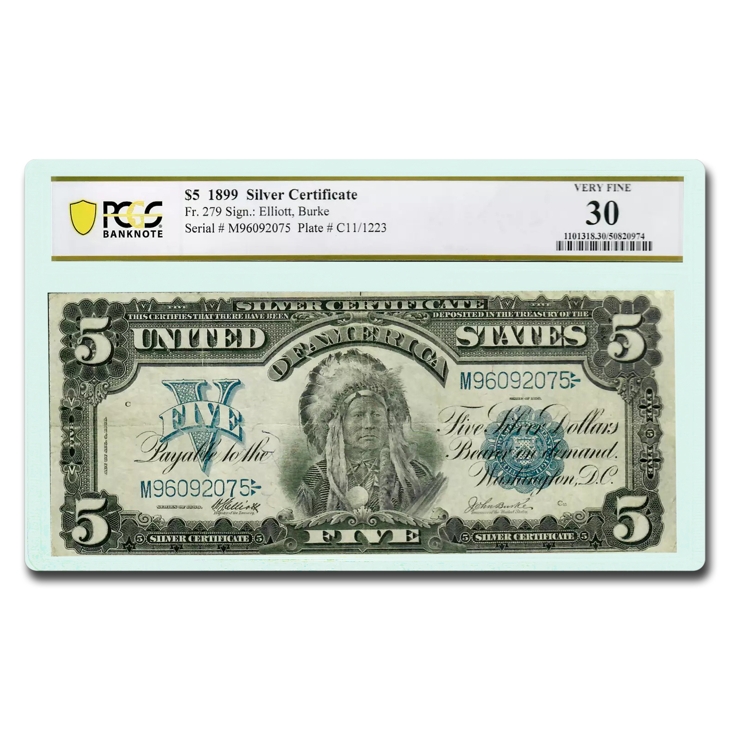 1899 $5.00 Silver Cert Chief Running Antelope VF-30 PCGS (Fr